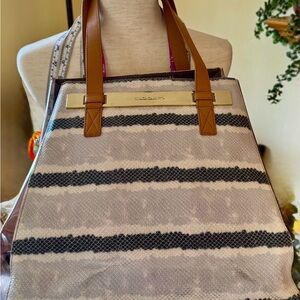 Vince Camuto Black and Tan Striped  Pebbled Tote Bag